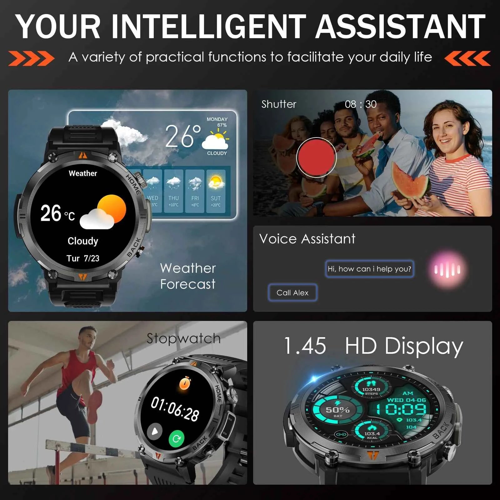 KE3 Military Smart Watch with Bluetooth Calls, Health Monitor, and LED Flashlight for Men - Flexivo