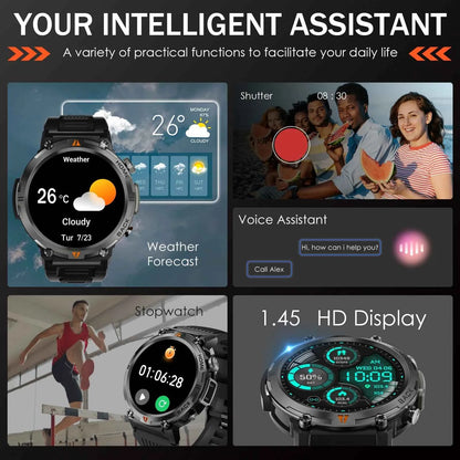 KE3 Military Smart Watch with Bluetooth Calls, Health Monitor, and LED Flashlight for Men - Flexivo