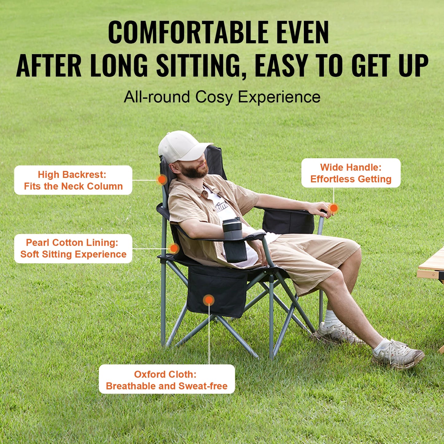 Portable Camping Folding Chair – 350lb Capacity, Padded Arms & 3 Storage Bags