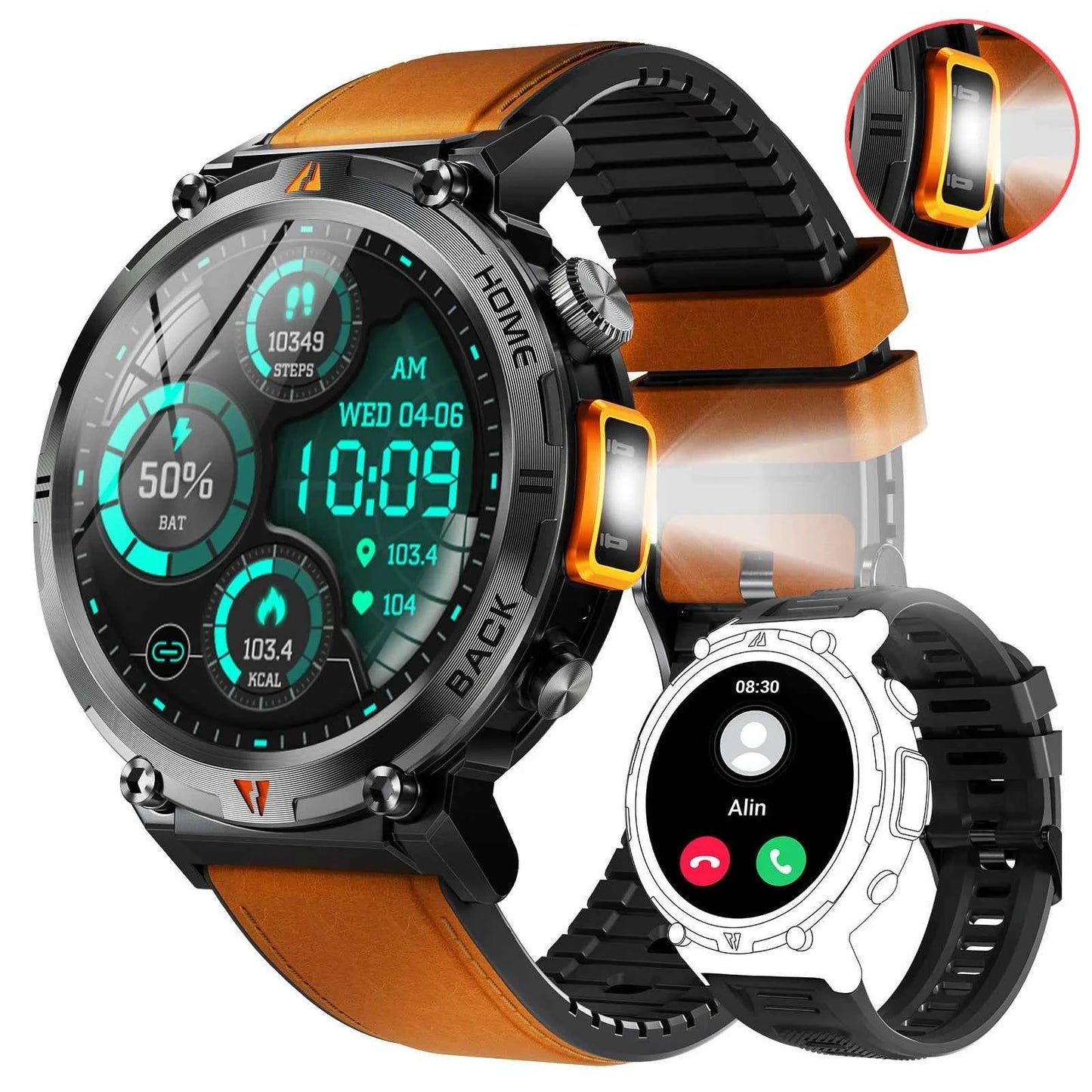 KE3 Military Smart Watch with Bluetooth Calls, Health Monitor, and LED Flashlight for Men - Flexivo