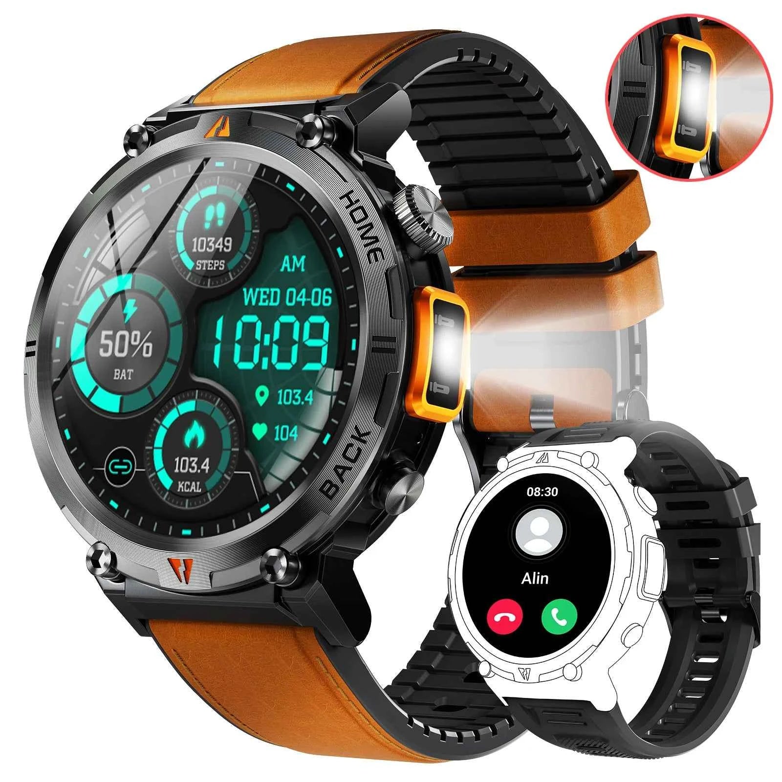 KE3 Military Smart Watch with Bluetooth Calls, Health Monitor, and LED Flashlight for Men - Flexivo