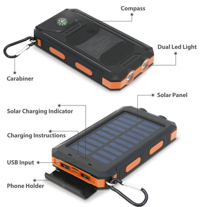 20,000mAh Solar Power Bank with LED Flashlight & Compass