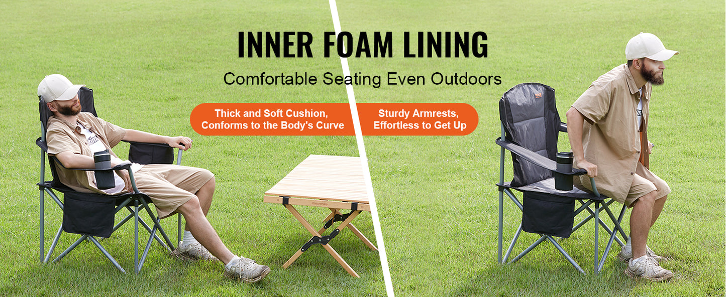 Portable Camping Folding Chair – 350lb Capacity, Padded Arms & 3 Storage Bags