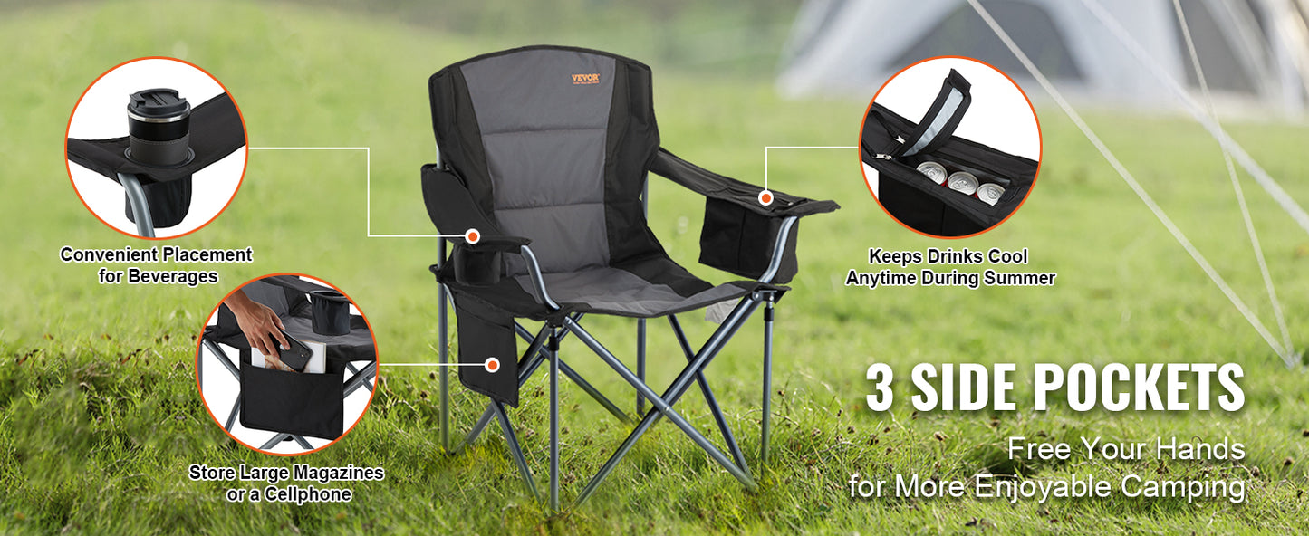 Portable Camping Folding Chair – 350lb Capacity, Padded Arms & 3 Storage Bags