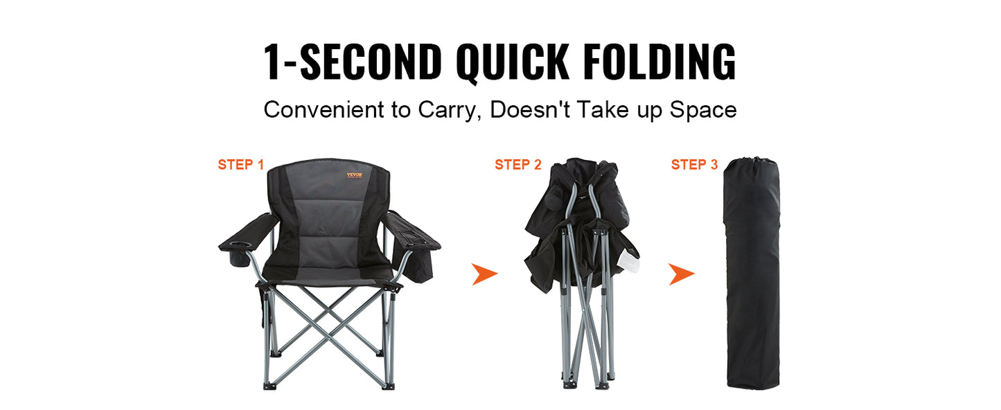 Portable Camping Folding Chair – 350lb Capacity, Padded Arms & 3 Storage Bags