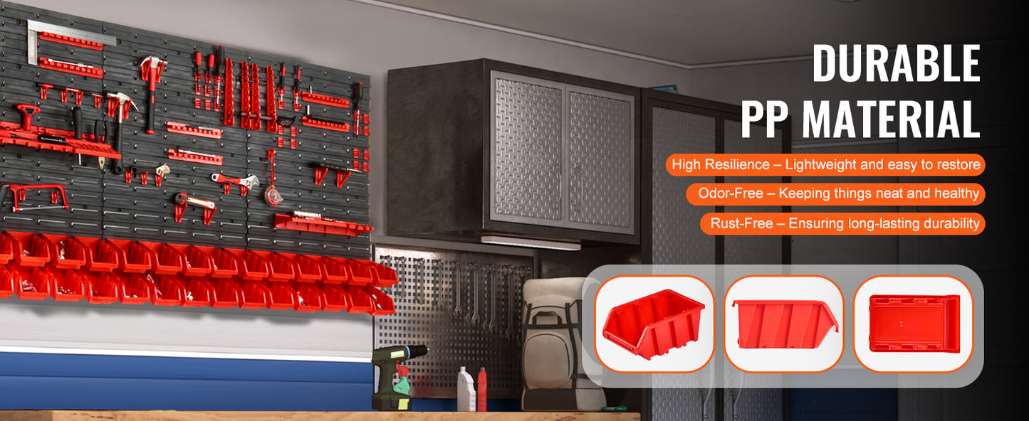 Wall Mounted Storage Bins - 30/48 Piece Parts Organizer Rack with Panels & Hooks for Garage Workshop