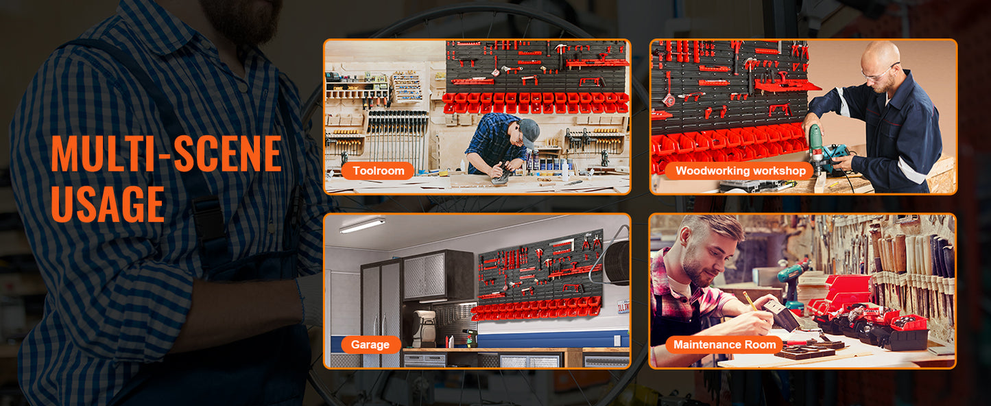 Wall Mounted Storage Bins - 30/48 Piece Parts Organizer Rack with Panels & Hooks for Garage Workshop